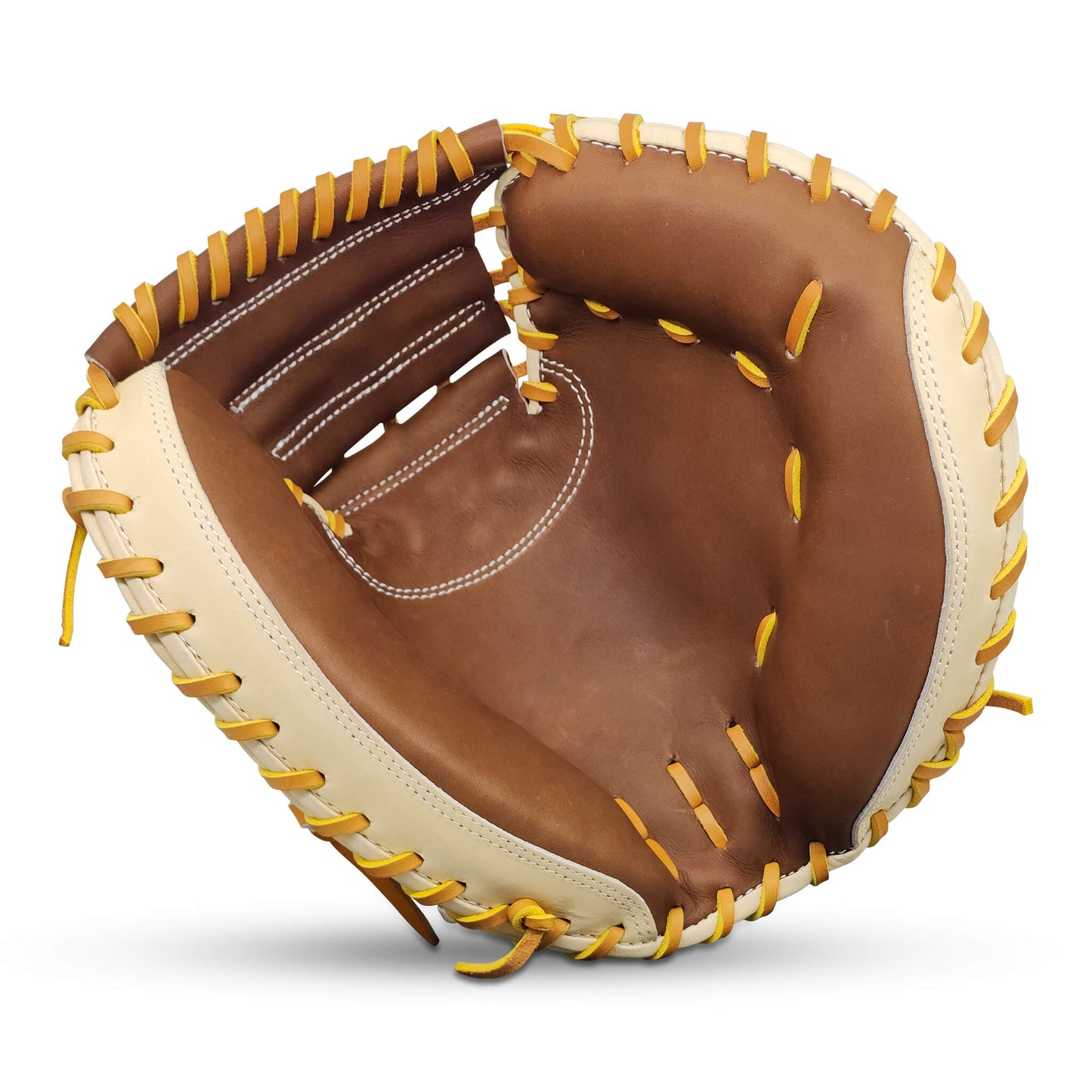 Velocity Series Limited Edition 34” Catcher’s Mitt with Solid Web, Tan and Camel Shell, Dark Brown Palm, Tan Lacing and Embroidered US Flag – RHT