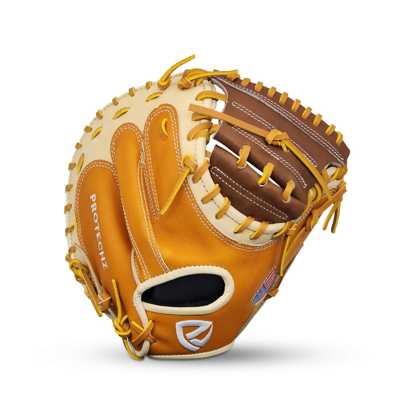 Velocity Series Limited Edition 34” Catcher’s Mitt with Solid Web, Tan and Camel Shell, Dark Brown Palm, Tan Lacing and Embroidered US Flag – RHT