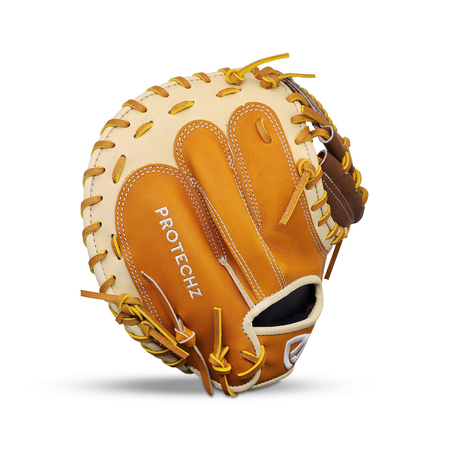 Velocity Series Limited Edition 34” Catcher’s Mitt with Solid Web, Tan and Camel Shell, Dark Brown Palm, Tan Lacing and Embroidered US Flag – RHT