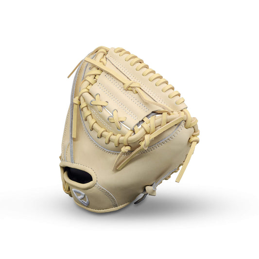 Titan Series 27” Catcher’s Training Mitt with Solid Web, Camel Shell and Palm, and Camel Lacing – RHT