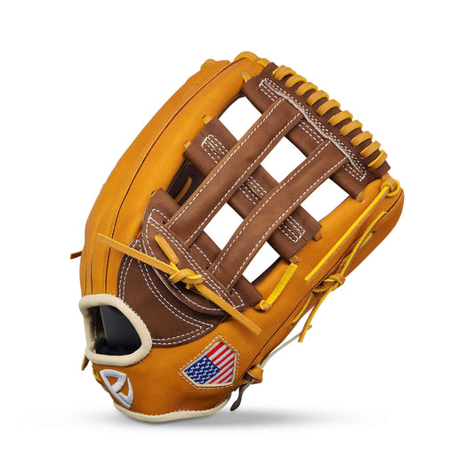Velocity Series Limited Edition 12.75” Outfielder’s Glove with H-Web, Tan Shell, Dark Brown Palm, Tan Lacing, and Embroidered US Flag – RHT