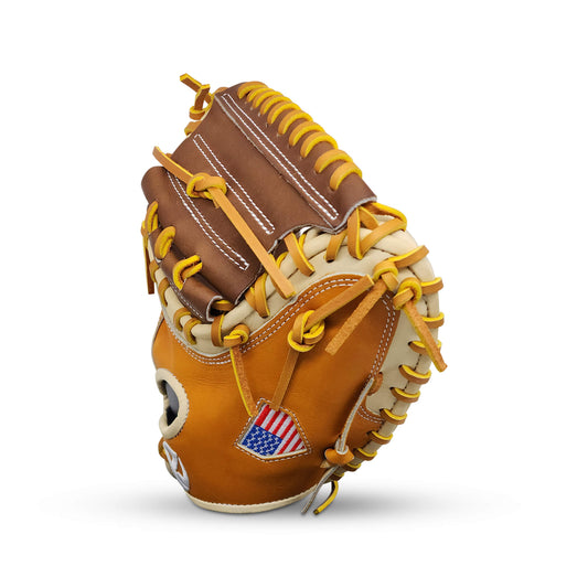 Velocity Series Limited Edition 34” Catcher’s Mitt with Solid Web, Tan and Camel Shell, Dark Brown Palm, Tan Lacing and Embroidered US Flag – RHT