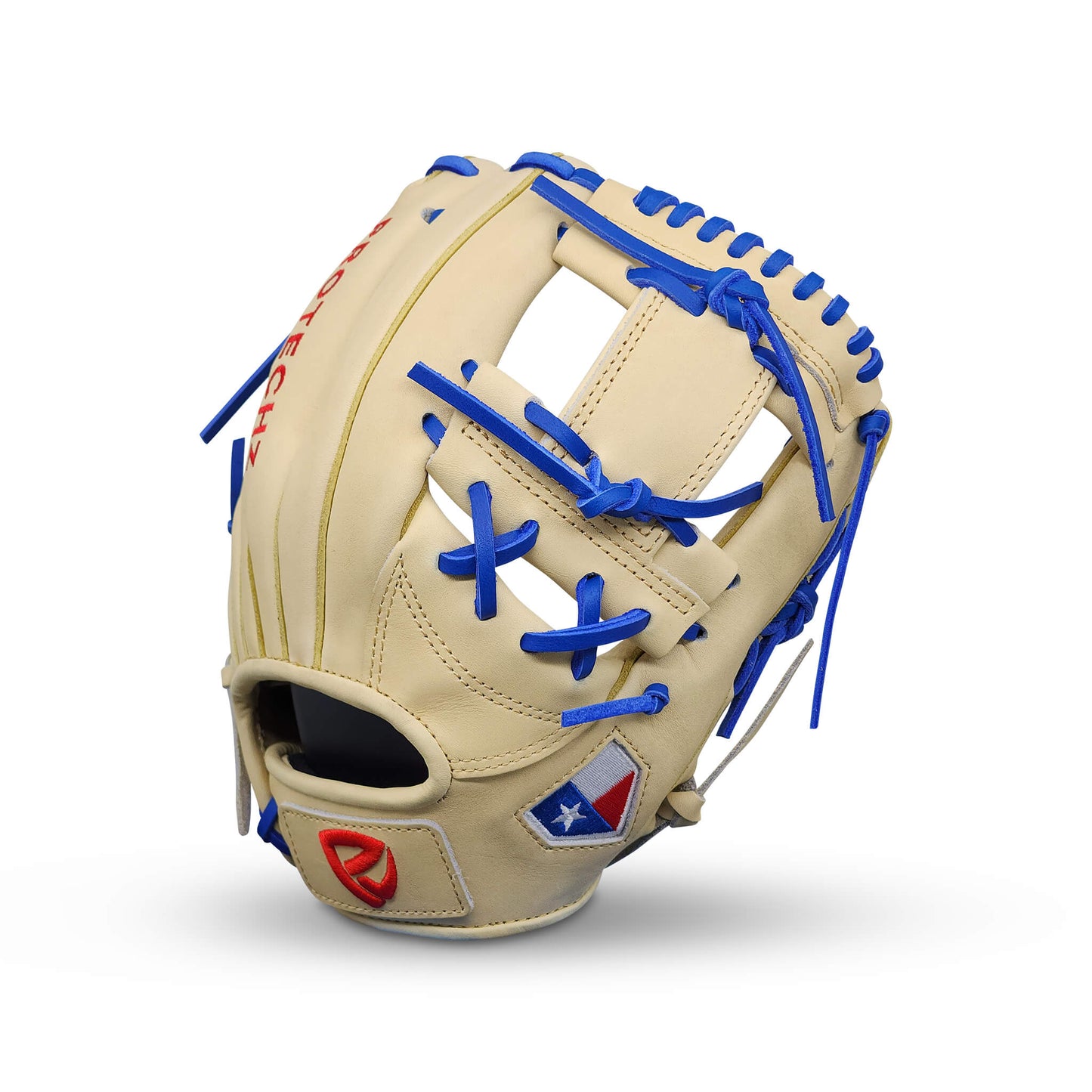 Titan Series Limited Edition 11.50” Infield Glove with I-Web, Camel Shell and Palm, Royal Blue Lacing, and Embroidered Texas Flag – RHT